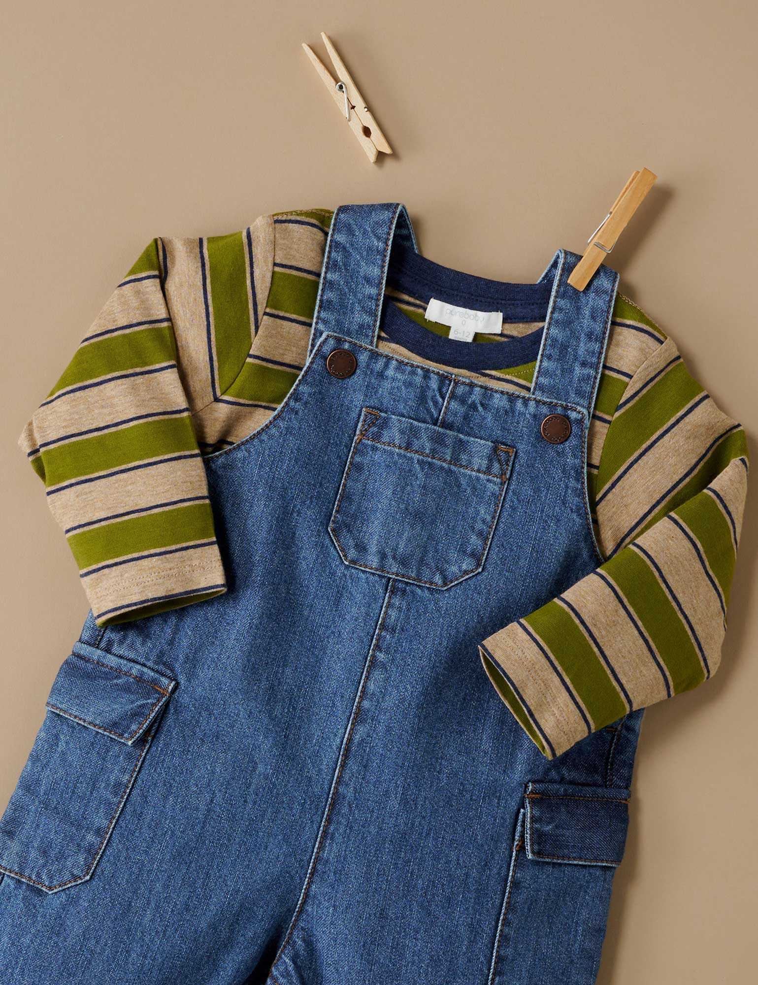 Fisher Price Baby 2Pc Overalls Outfit Denim Stripes Green Long Sleeve Shirt  12mo | eBay